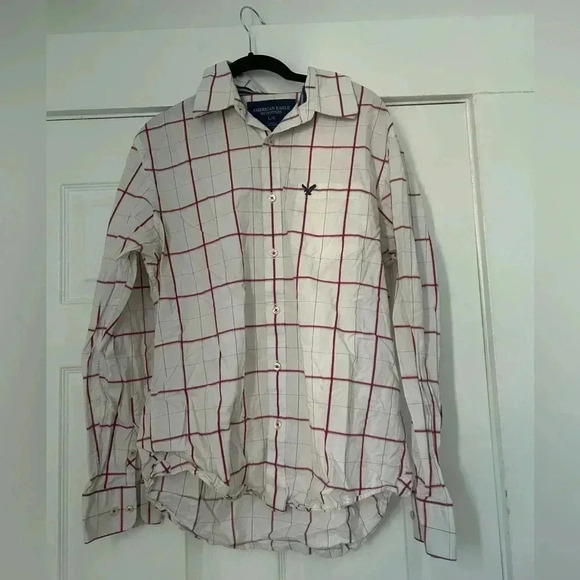Men’s American Eagle White And Pink Plaid Button Up Shirt Size Large - Picture 1 of 5